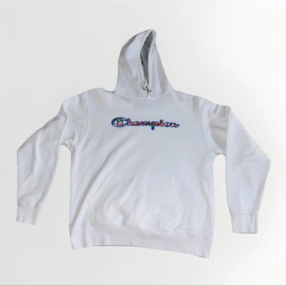 Champion Hoodie World Flag Mens Large White Pullover Sweatshirt Comfy